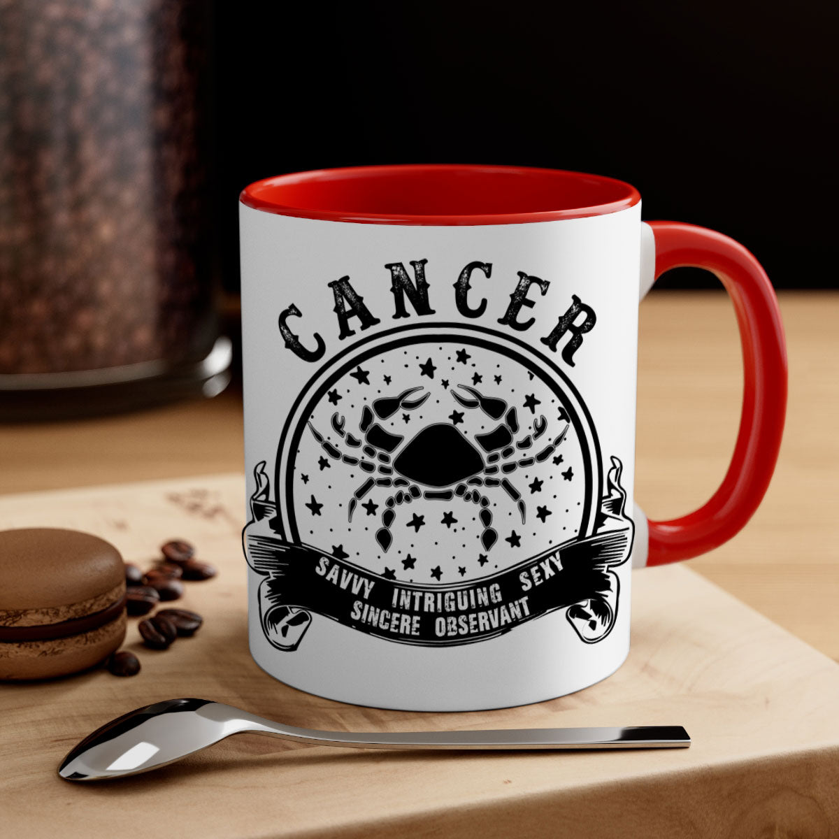 Cancer 13# Zodiac Mug with colorful handle and glossy finish, available in multiple colors and sizes.