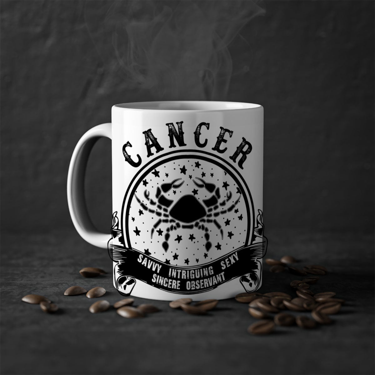 Cancer 13# Zodiac Mug with colorful handle and glossy finish, available in multiple colors and sizes.