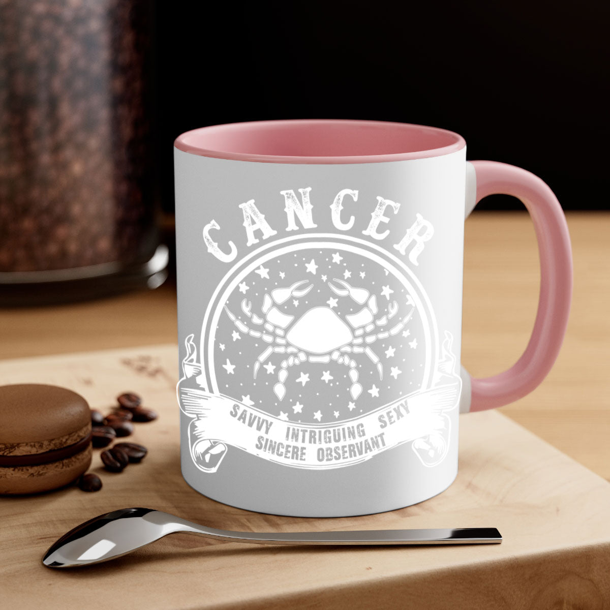 Cancer 14# Zodiac Mug with colored handle and glossy finish, available in multiple colors and sizes.