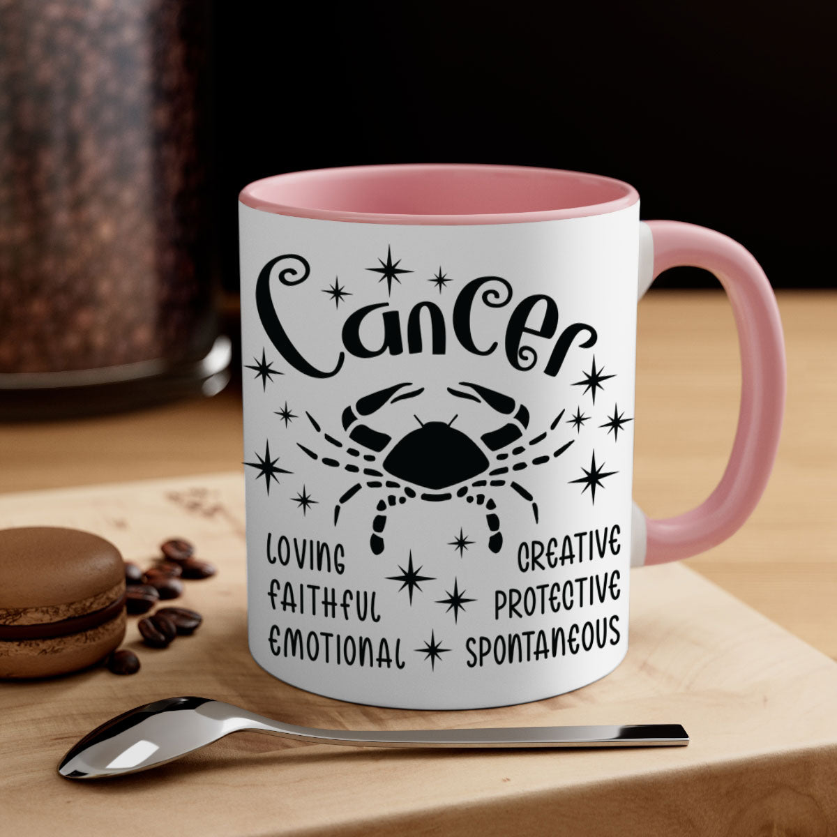 Cancer 144# zodiac mug with a glossy finish, featuring a colored handle and interior, available in five colors.