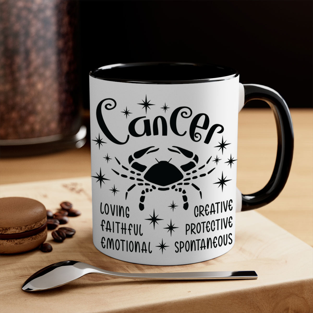 Cancer 144# zodiac mug with a glossy finish, featuring a colored handle and interior, available in five colors.