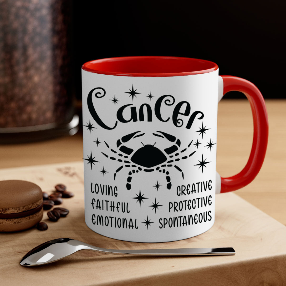 Cancer 144# zodiac mug with a glossy finish, featuring a colored handle and interior, available in five colors.