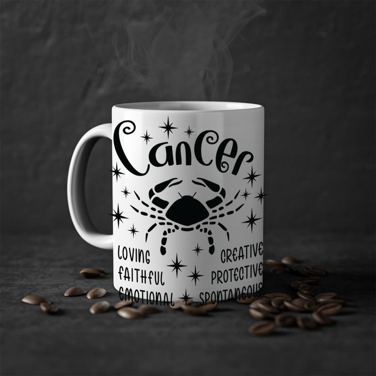 Cancer 144# zodiac mug with a glossy finish, featuring a colored handle and interior, available in five colors.