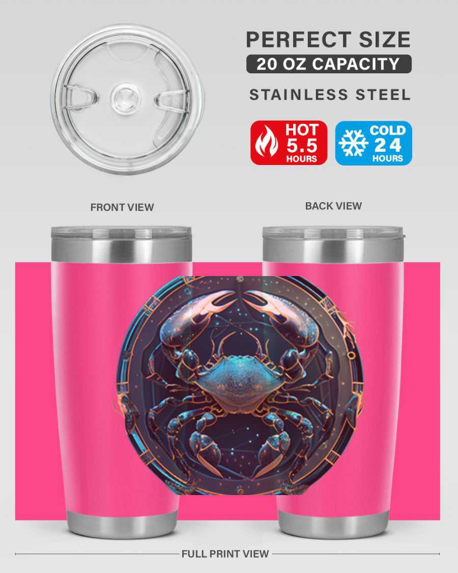 Cancer 147# Zodiac Tumbler in stainless steel with a vibrant design, perfect for hot and cold beverages.