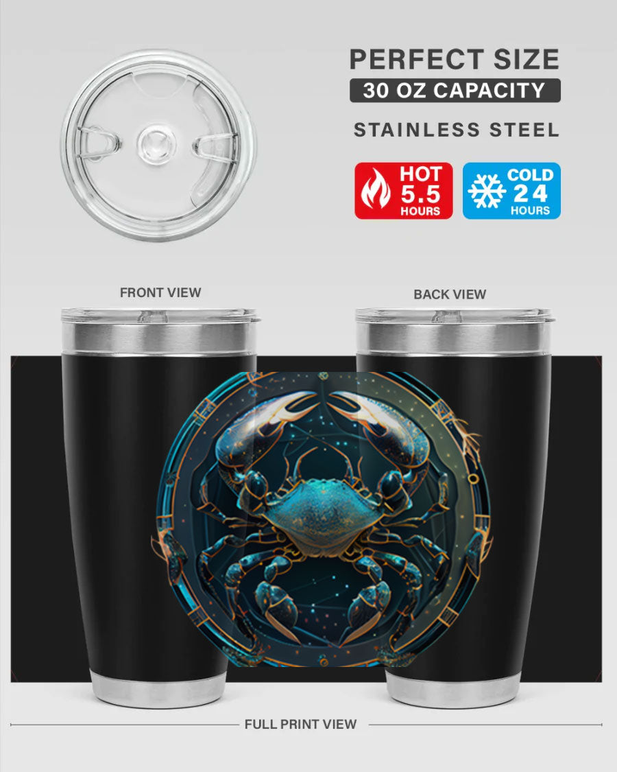 Cancer 147# Zodiac Tumbler in stainless steel with a vibrant design, perfect for hot and cold beverages.