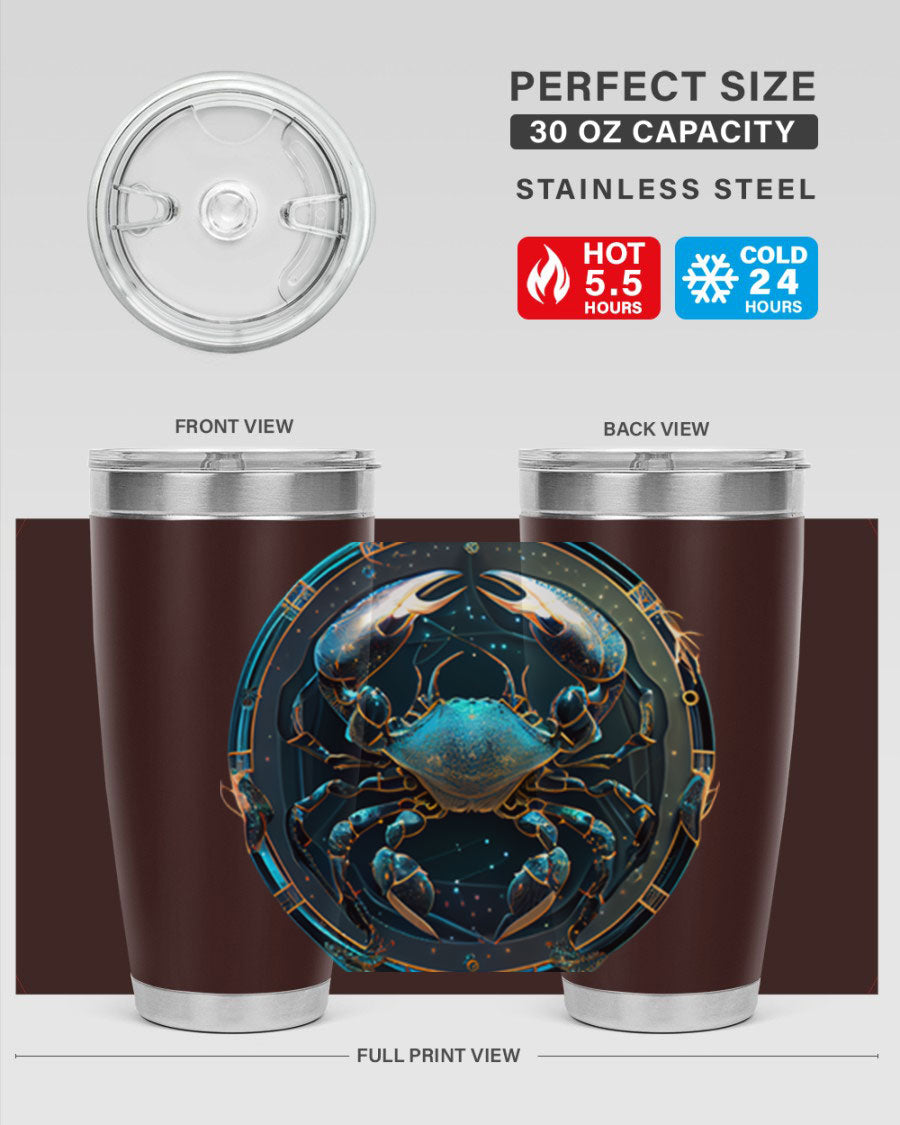 Cancer 147# Zodiac Tumbler in stainless steel with a vibrant design, perfect for hot and cold beverages.