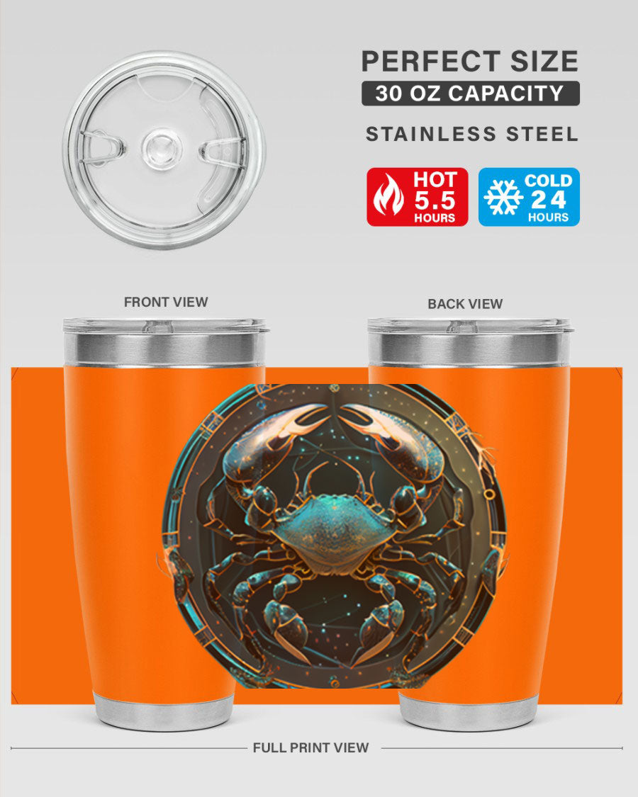 Cancer 147# Zodiac Tumbler in stainless steel with a vibrant design, perfect for hot and cold beverages.