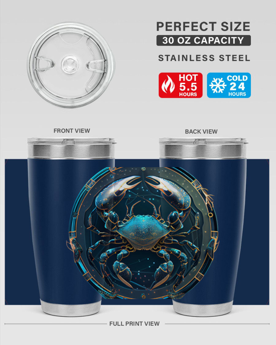 Cancer 147# Zodiac Tumbler in stainless steel with a vibrant design, perfect for hot and cold beverages.