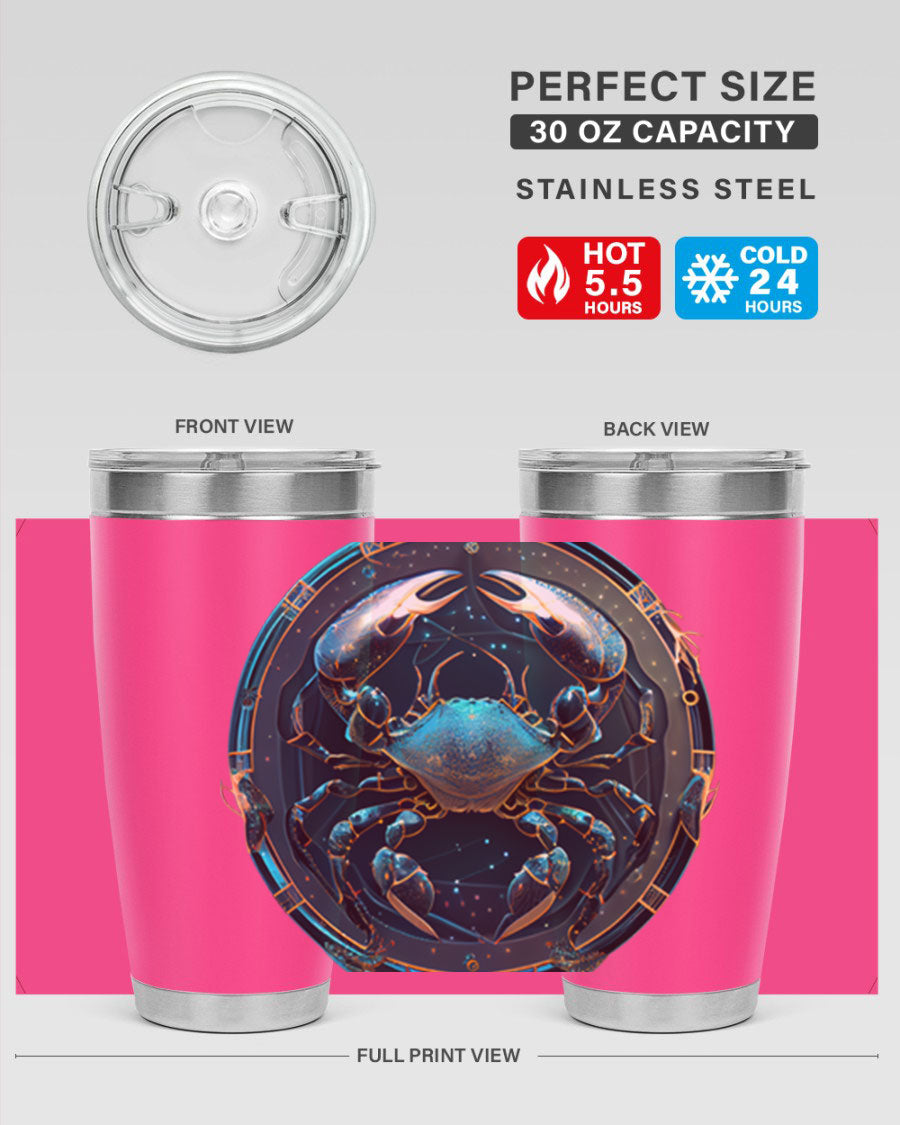 Cancer 147# Zodiac Tumbler in stainless steel with a vibrant design, perfect for hot and cold beverages.