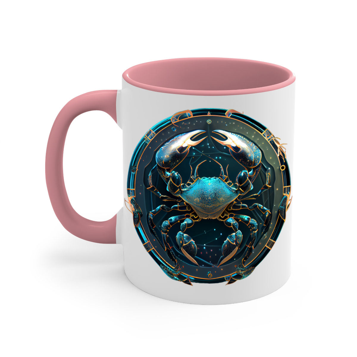 Cancer 147# Zodiac Mug with colored handle and glossy finish, available in multiple colors and sizes.