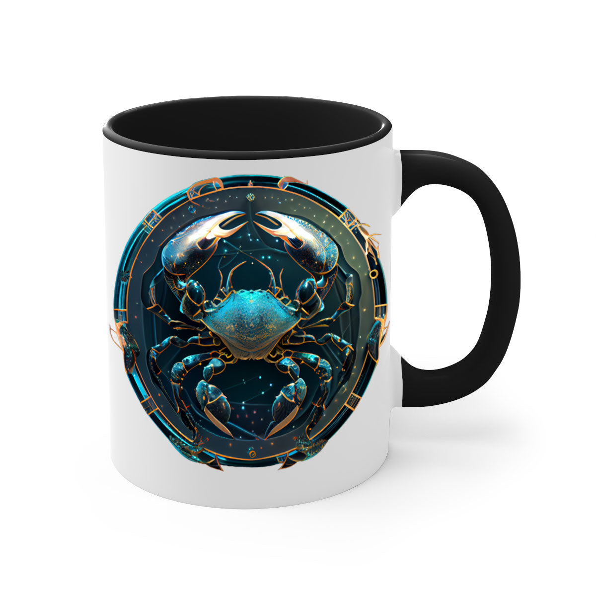 Cancer 147# Zodiac Mug with colored handle and glossy finish, available in multiple colors and sizes.