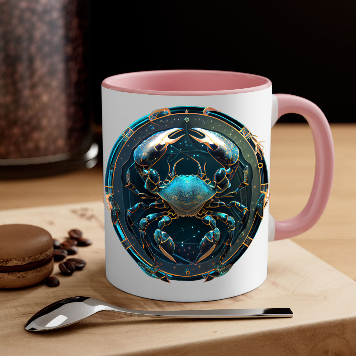 Cancer 147# Zodiac Mug with colored handle and glossy finish, available in multiple colors and sizes.