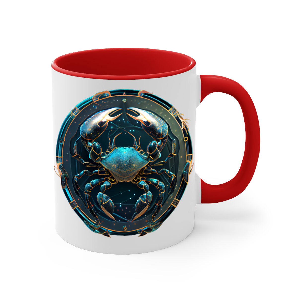 Cancer 147# Zodiac Mug with colored handle and glossy finish, available in multiple colors and sizes.