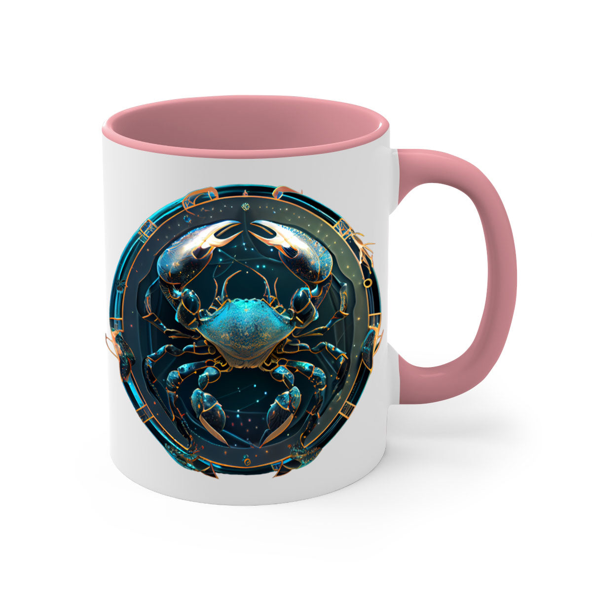 Cancer 147# Zodiac Mug with colored handle and glossy finish, available in multiple colors and sizes.