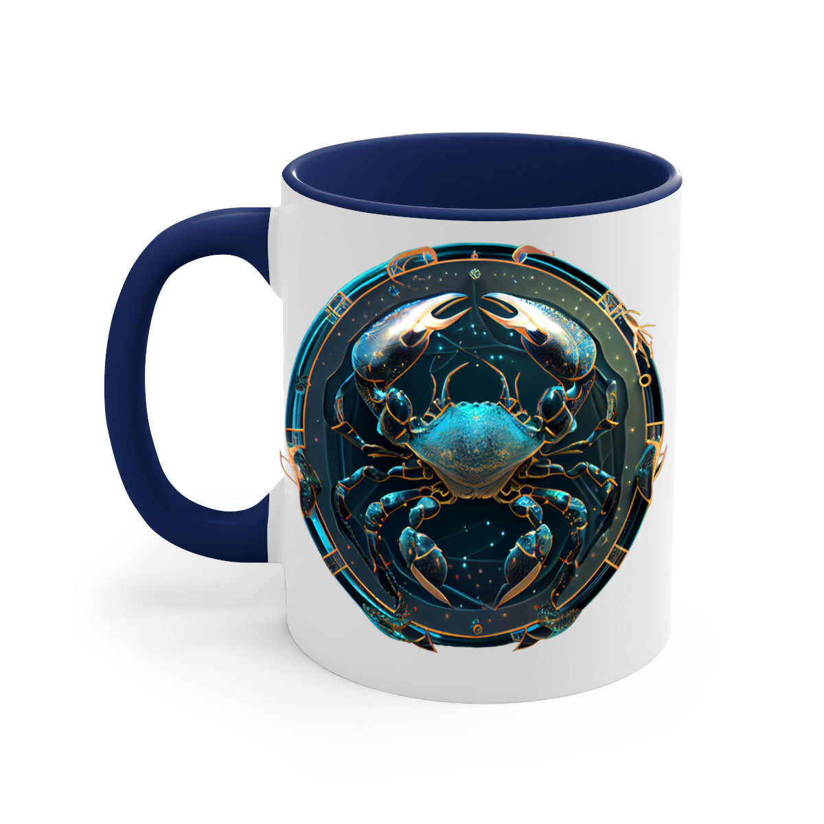 Cancer 147# Zodiac Mug with colored handle and glossy finish, available in multiple colors and sizes.