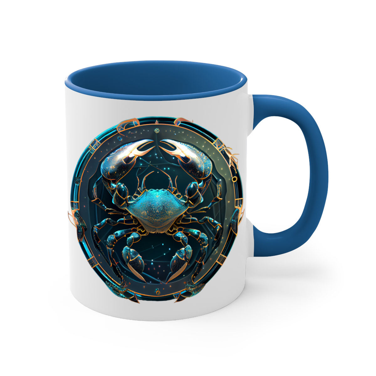 Cancer 147# Zodiac Mug with colored handle and glossy finish, available in multiple colors and sizes.