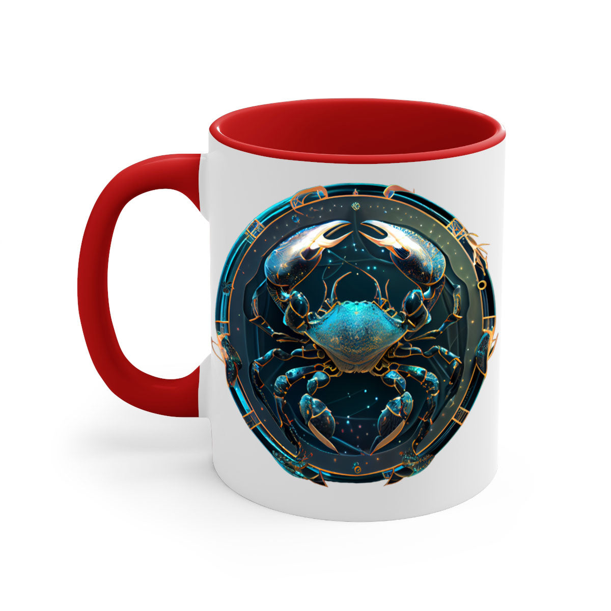 Cancer 147# Zodiac Mug with colored handle and glossy finish, available in multiple colors and sizes.