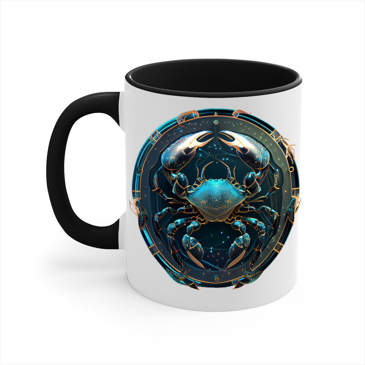 Cancer 147# Zodiac Mug with colored handle and glossy finish, available in multiple colors and sizes.