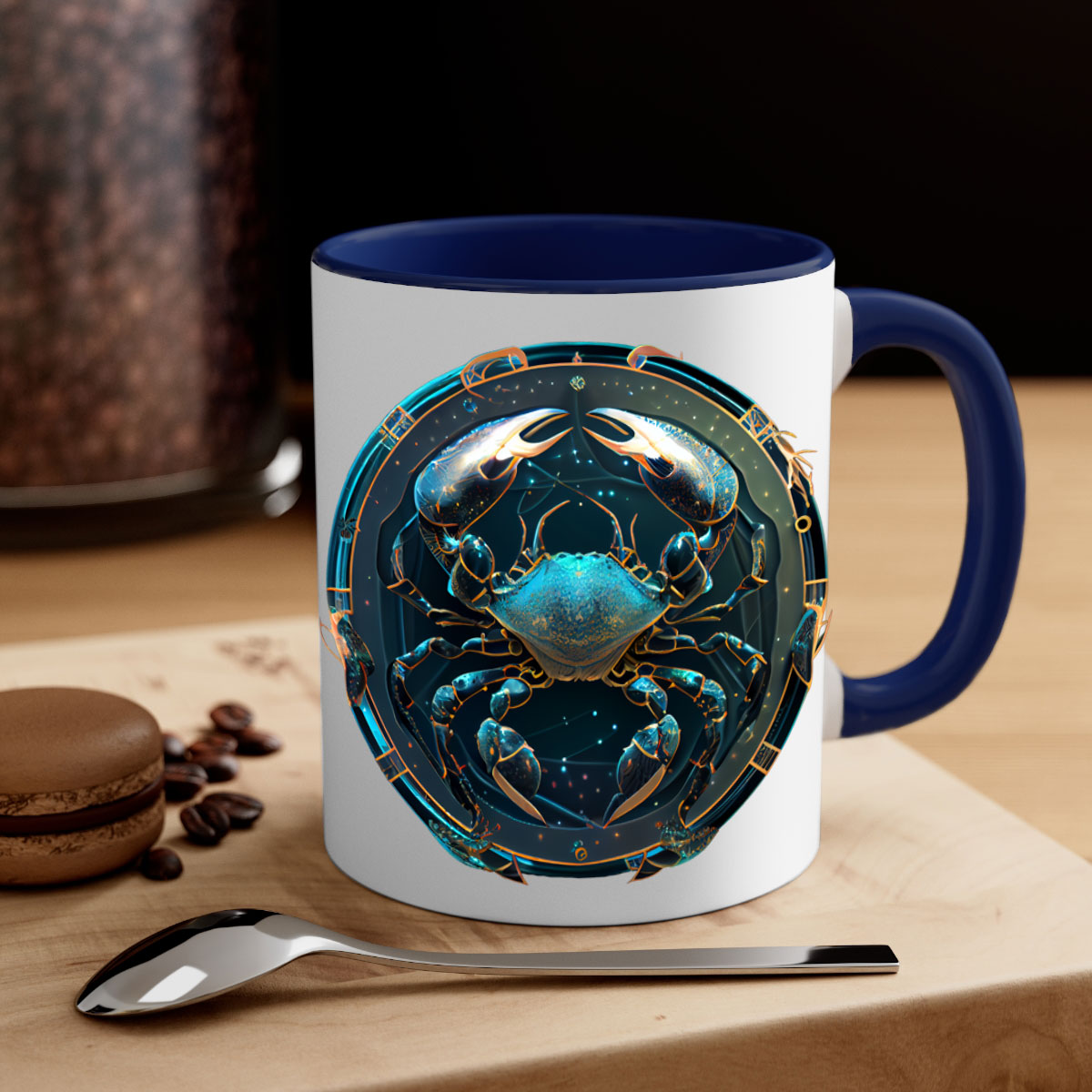 Cancer 147# Zodiac Mug with colored handle and glossy finish, available in multiple colors and sizes.