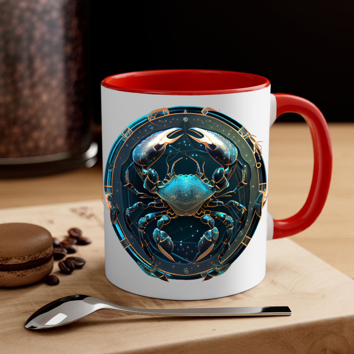 Cancer 147# Zodiac Mug with colored handle and glossy finish, available in multiple colors and sizes.