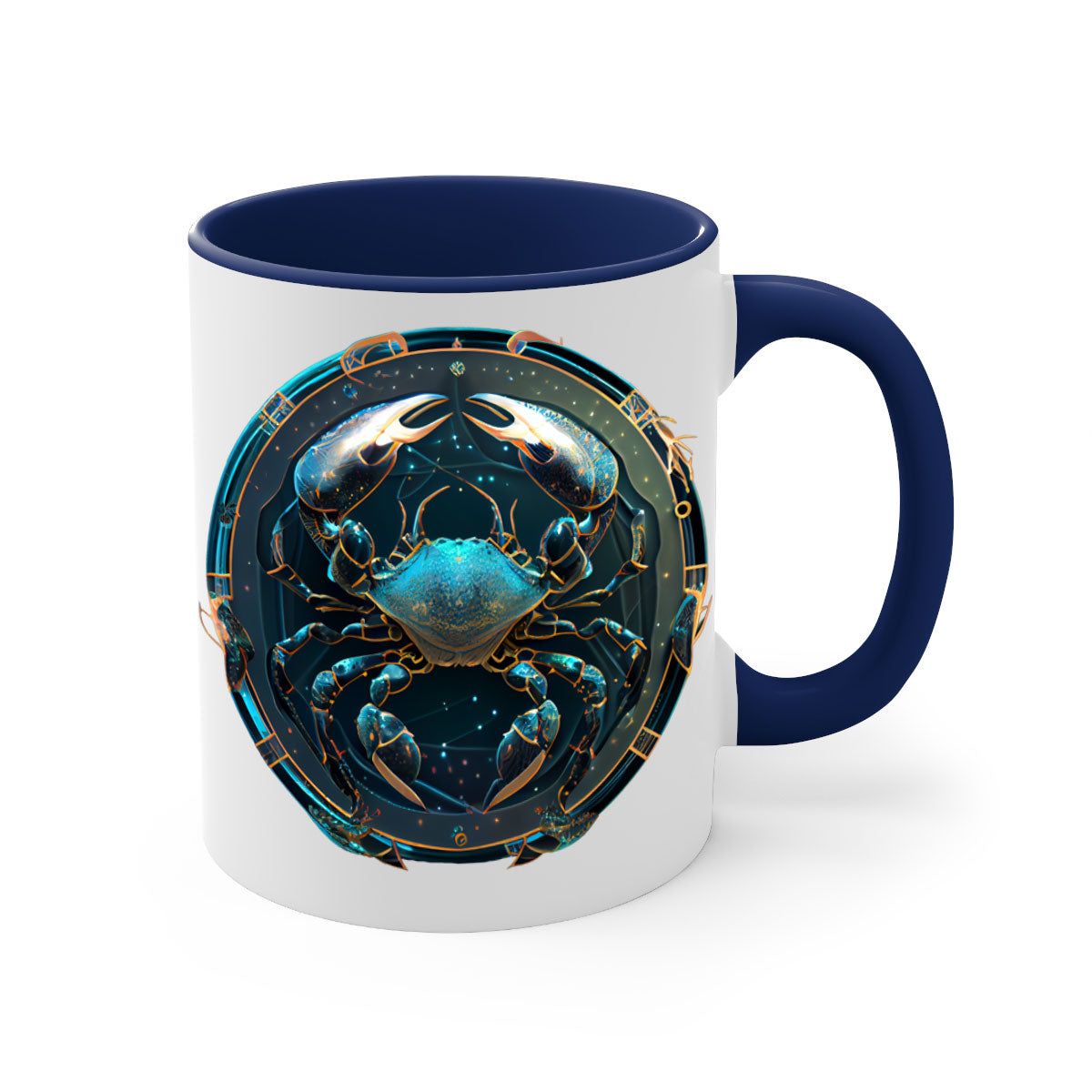 Cancer 147# Zodiac Mug with colored handle and glossy finish, available in multiple colors and sizes.