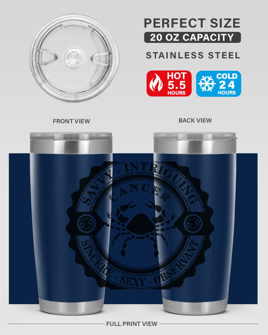 Cancer 15# Zodiac Tumbler in stainless steel with a vibrant zodiac design, perfect for hot and cold beverages.