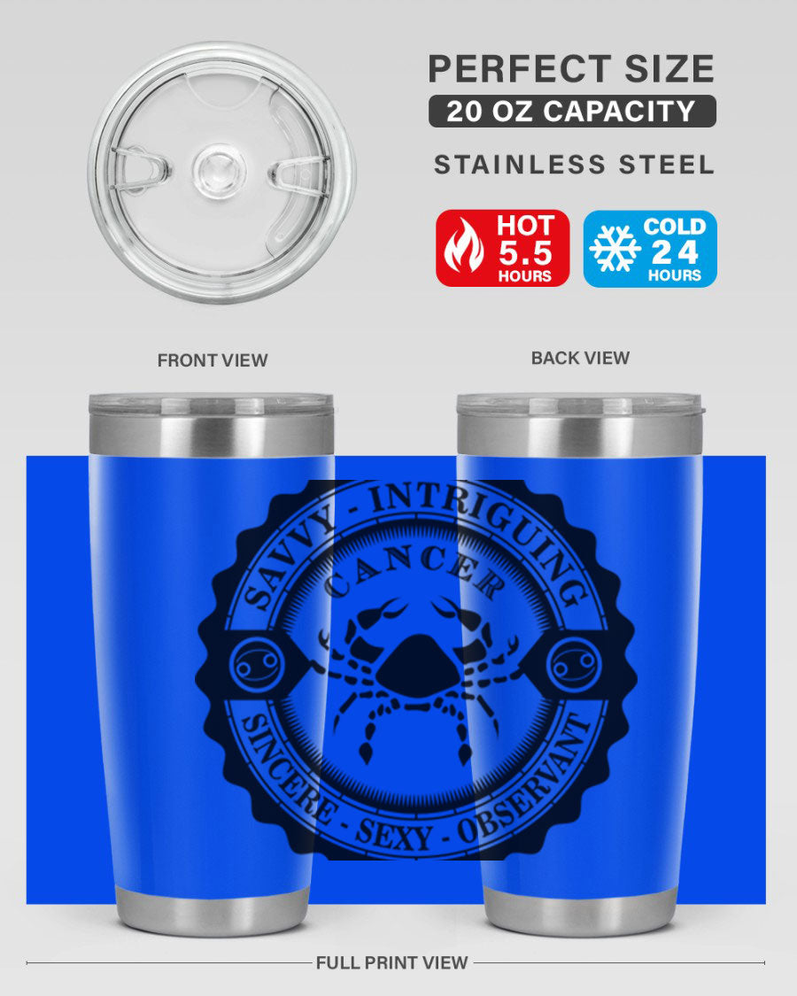 Cancer 15# Zodiac Tumbler in stainless steel with a vibrant zodiac design, perfect for hot and cold beverages.