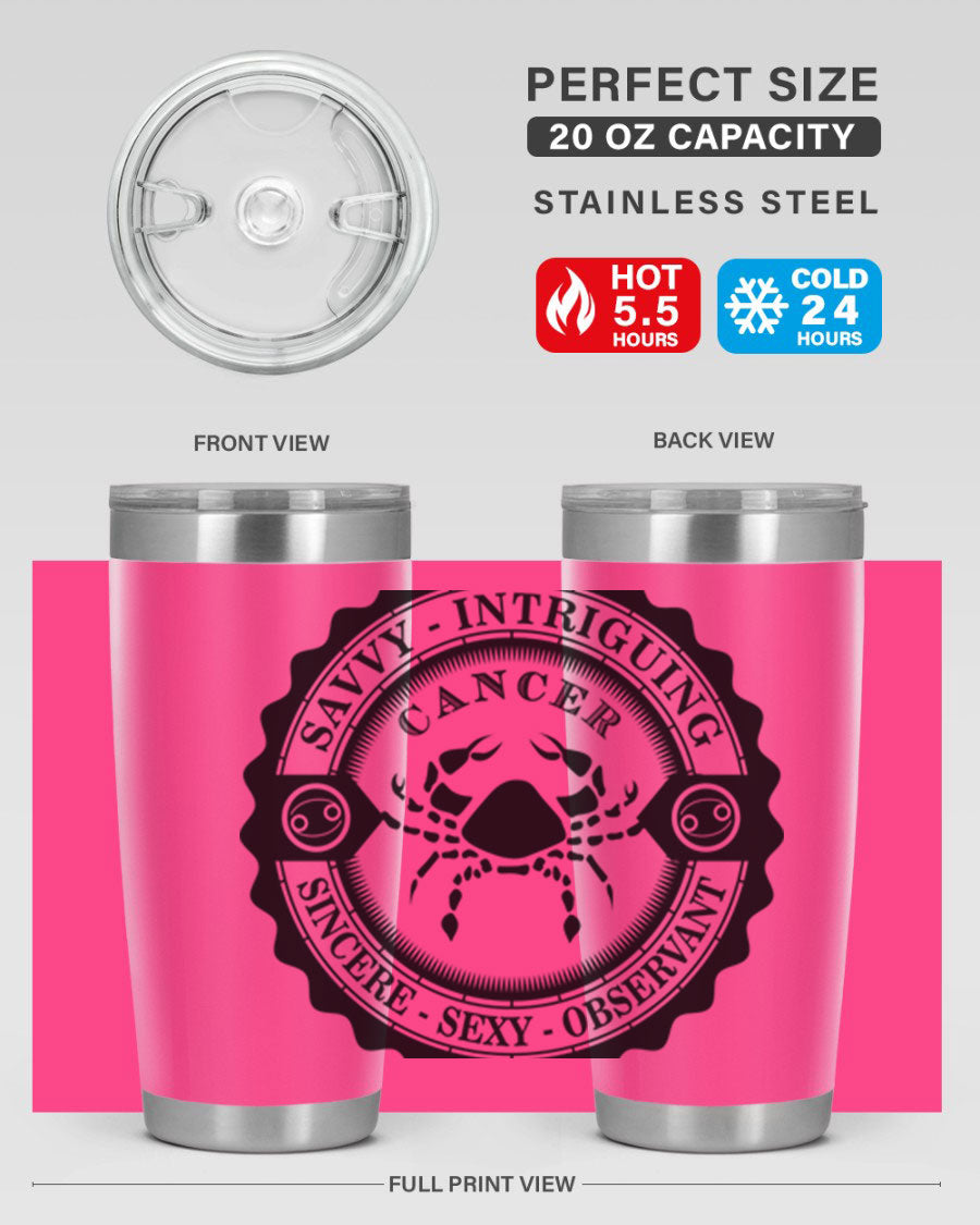 Cancer 15# Zodiac Tumbler in stainless steel with a vibrant zodiac design, perfect for hot and cold beverages.