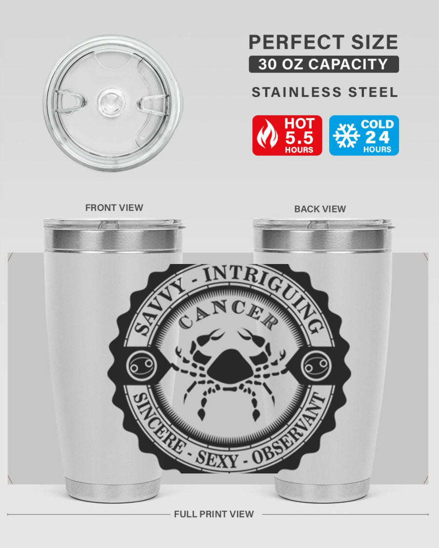 Cancer 15# Zodiac Tumbler in stainless steel with a vibrant zodiac design, perfect for hot and cold beverages.