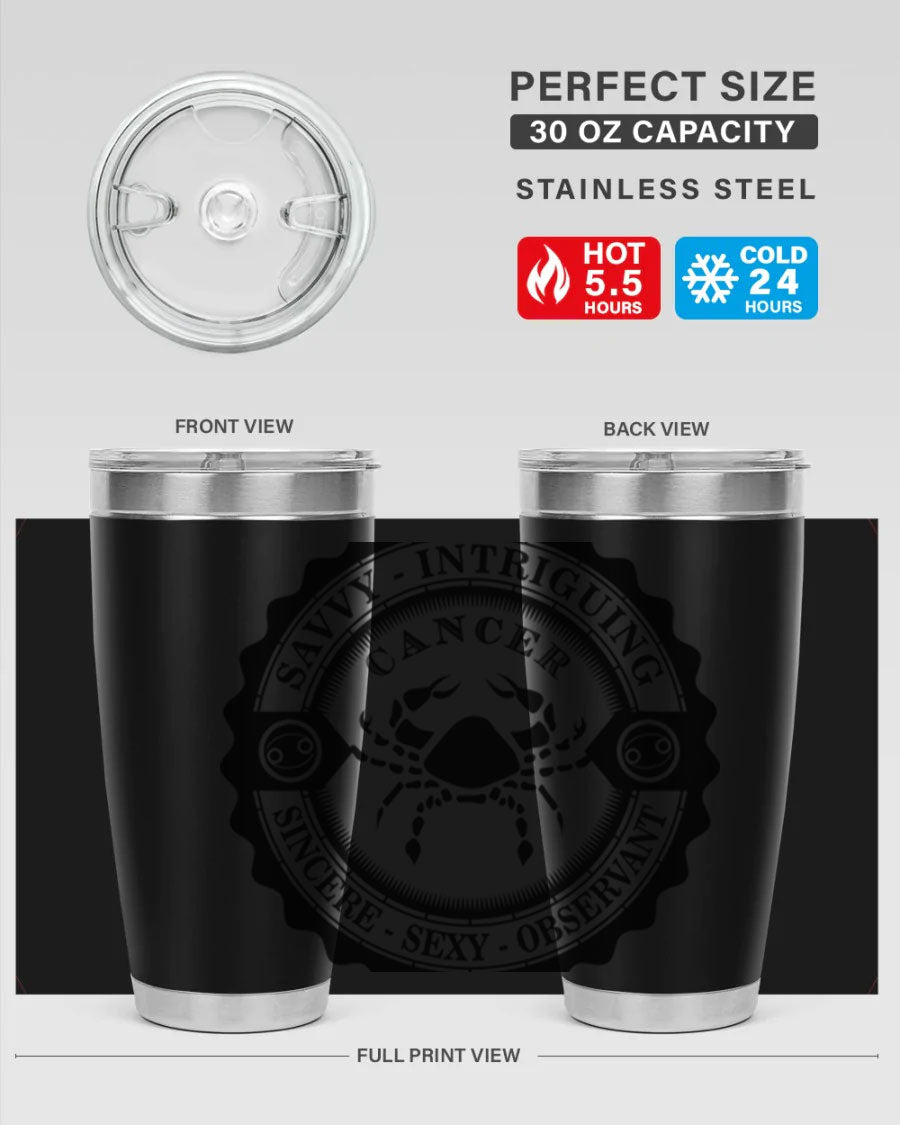 Cancer 15# Zodiac Tumbler in stainless steel with a vibrant zodiac design, perfect for hot and cold beverages.