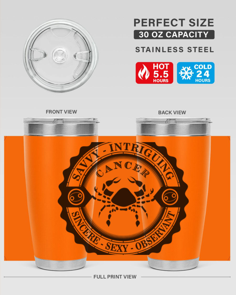 Cancer 15# Zodiac Tumbler in stainless steel with a vibrant zodiac design, perfect for hot and cold beverages.