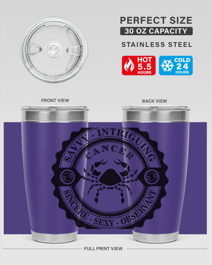 Cancer 15# Zodiac Tumbler in stainless steel with a vibrant zodiac design, perfect for hot and cold beverages.