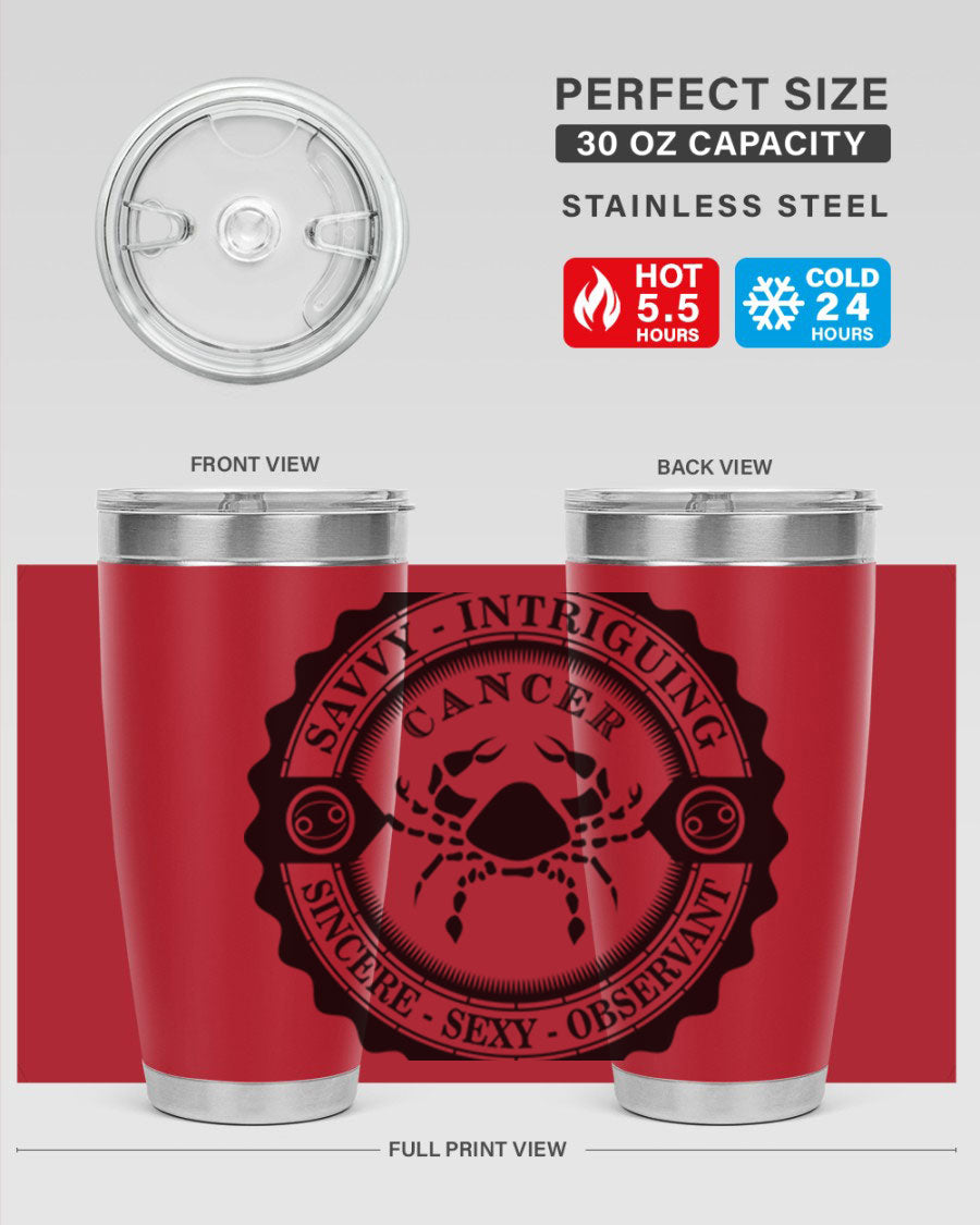 Cancer 15# Zodiac Tumbler in stainless steel with a vibrant zodiac design, perfect for hot and cold beverages.