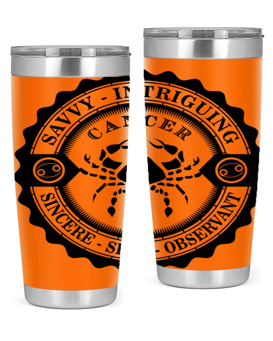 Cancer 15# Zodiac Tumbler in stainless steel with a vibrant zodiac design, perfect for hot and cold beverages.