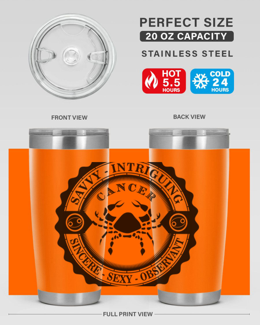 Cancer 15# Zodiac Tumbler in stainless steel with a vibrant zodiac design, perfect for hot and cold beverages.