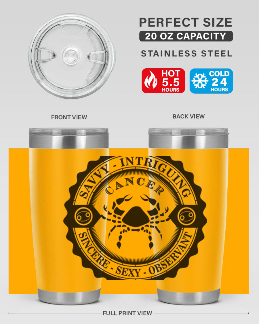 Cancer 15# Zodiac Tumbler in stainless steel with a vibrant zodiac design, perfect for hot and cold beverages.