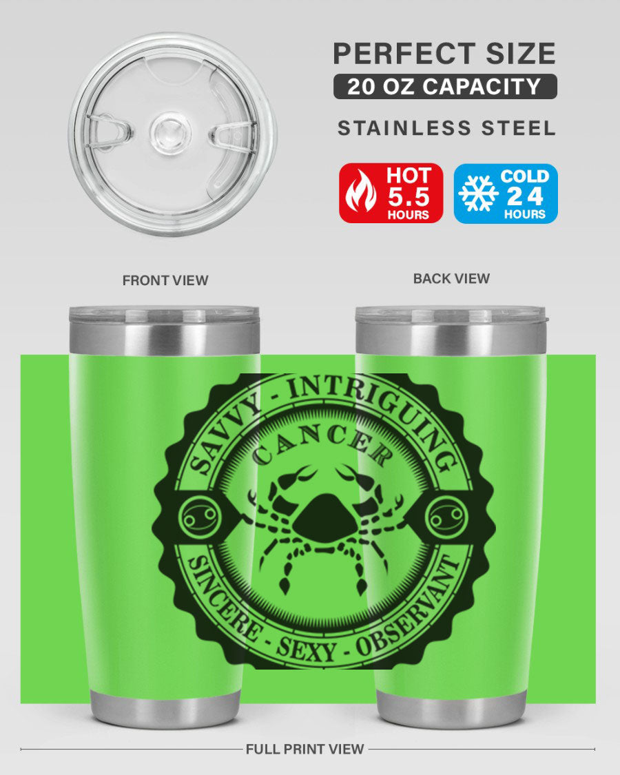 Cancer 15# Zodiac Tumbler in stainless steel with a vibrant zodiac design, perfect for hot and cold beverages.