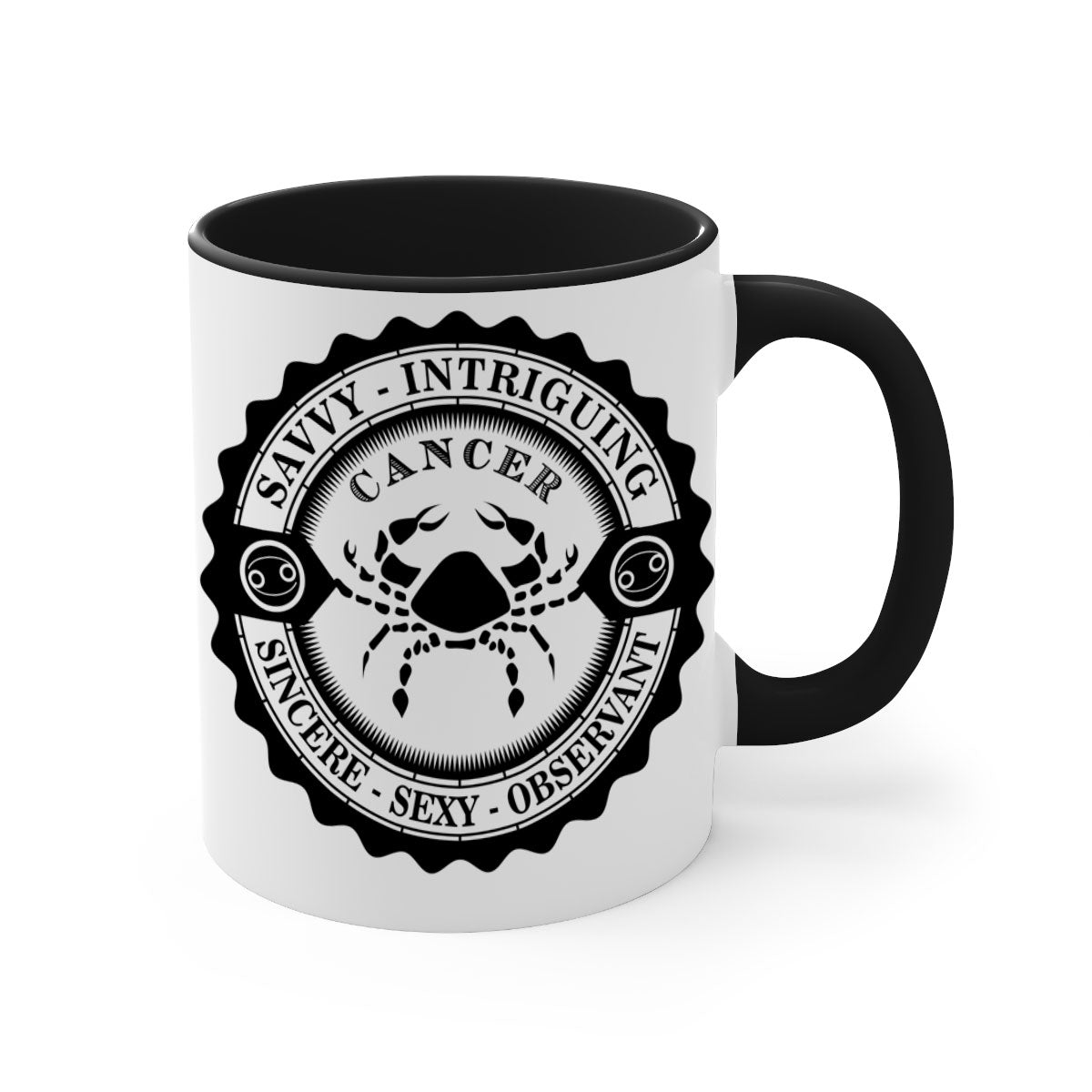 Cancer 15# Zodiac Mug with colorful handle and glossy finish, available in multiple colors and sizes.