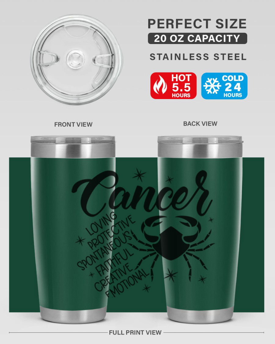 Cancer 151# Zodiac Tumbler in stainless steel with a vibrant design, showcasing its double wall vacuum insulation and drink-thru lid.