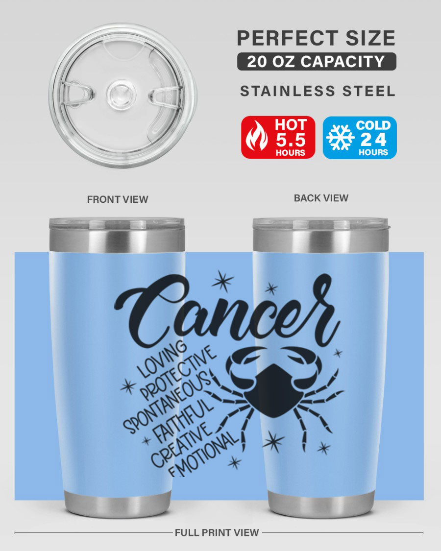 Cancer 151# Zodiac Tumbler in stainless steel with a vibrant design, showcasing its double wall vacuum insulation and drink-thru lid.