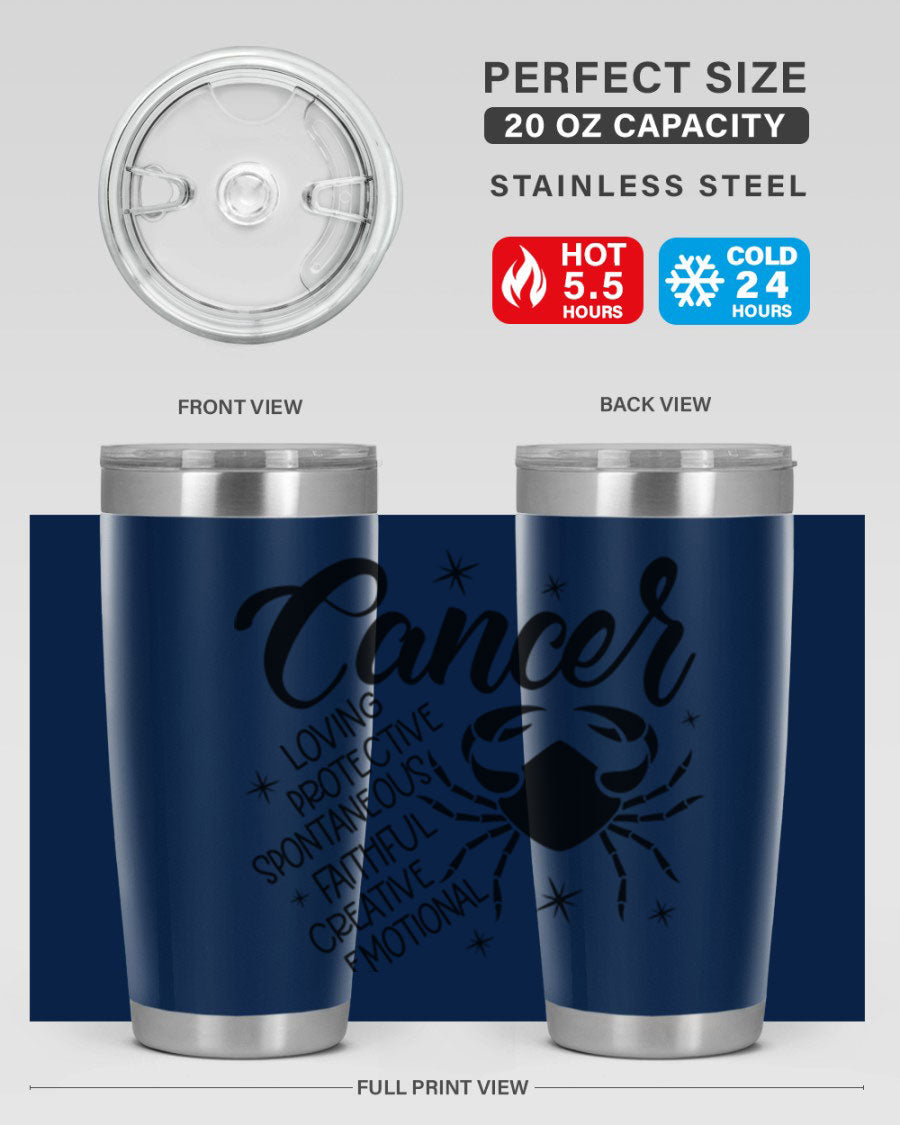 Cancer 151# Zodiac Tumbler in stainless steel with a vibrant design, showcasing its double wall vacuum insulation and drink-thru lid.