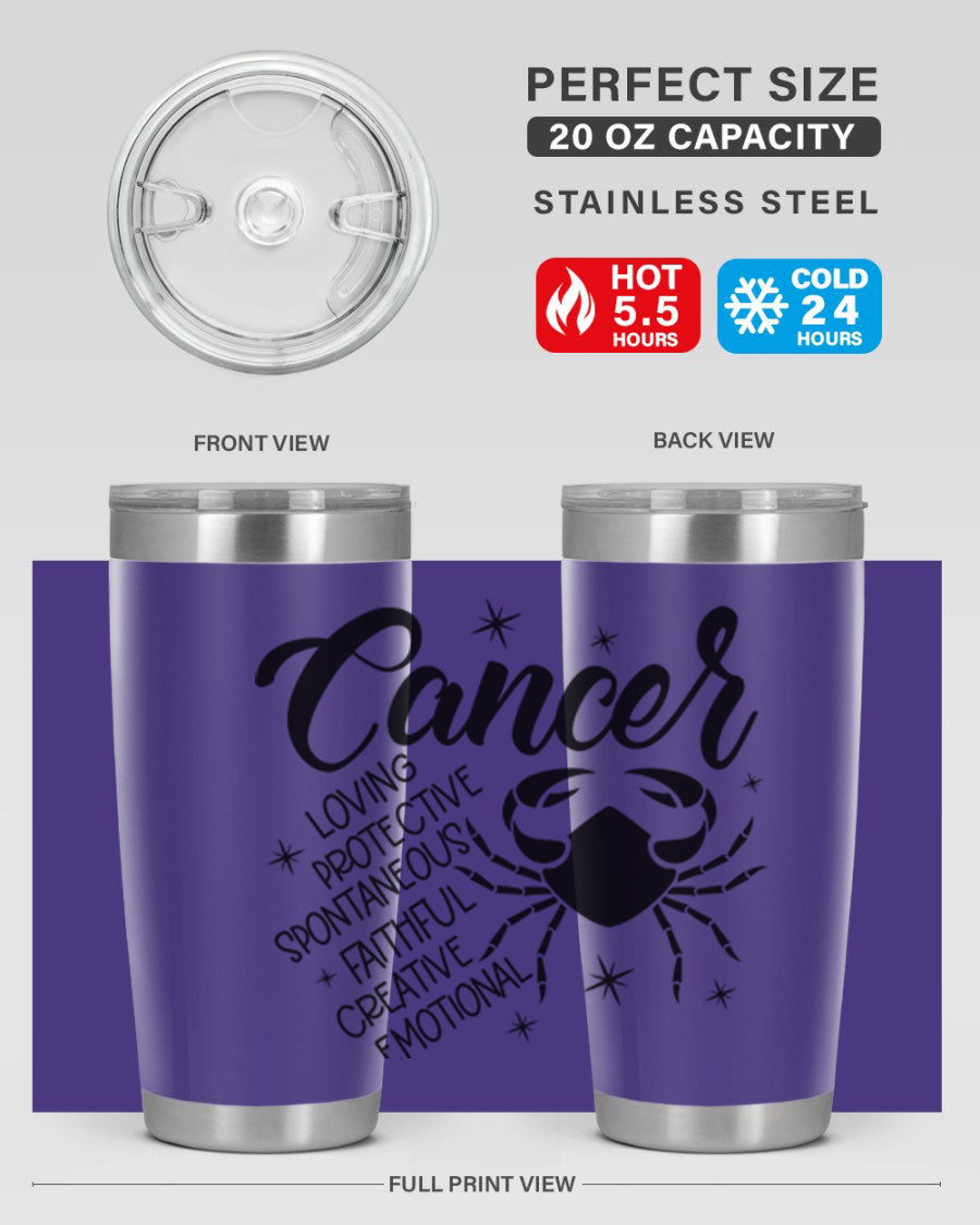 Cancer 151# Zodiac Tumbler in stainless steel with a vibrant design, showcasing its double wall vacuum insulation and drink-thru lid.