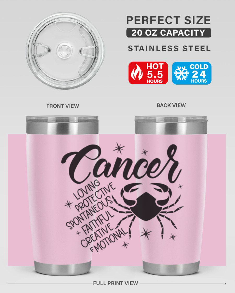 Cancer 151# Zodiac Tumbler in stainless steel with a vibrant design, showcasing its double wall vacuum insulation and drink-thru lid.