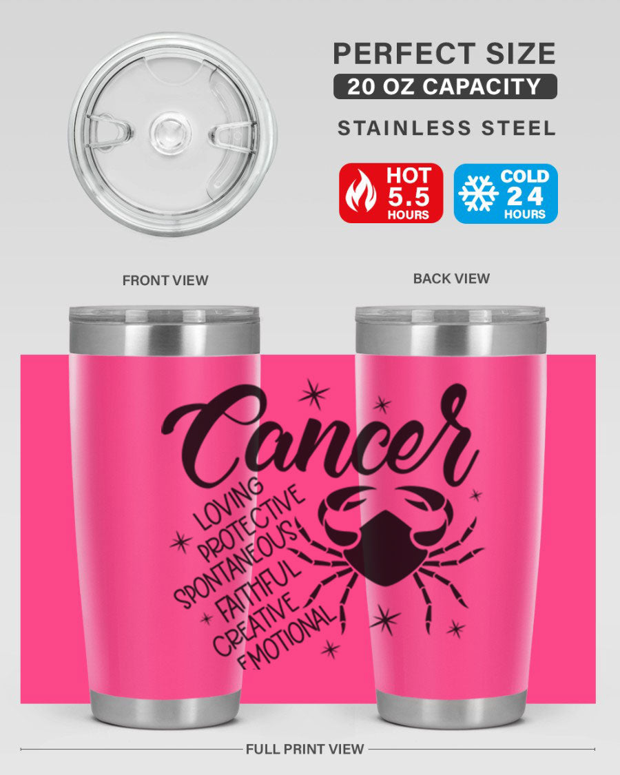 Cancer 151# Zodiac Tumbler in stainless steel with a vibrant design, showcasing its double wall vacuum insulation and drink-thru lid.