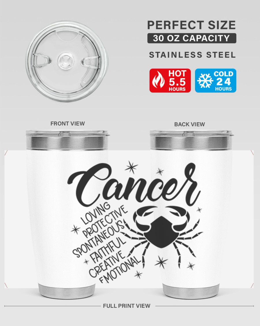 Cancer 151# Zodiac Tumbler in stainless steel with a vibrant design, showcasing its double wall vacuum insulation and drink-thru lid.