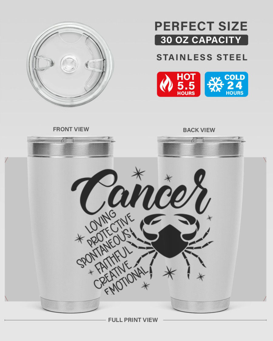 Cancer 151# Zodiac Tumbler in stainless steel with a vibrant design, showcasing its double wall vacuum insulation and drink-thru lid.