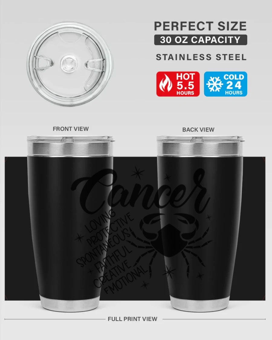 Cancer 151# Zodiac Tumbler in stainless steel with a vibrant design, showcasing its double wall vacuum insulation and drink-thru lid.