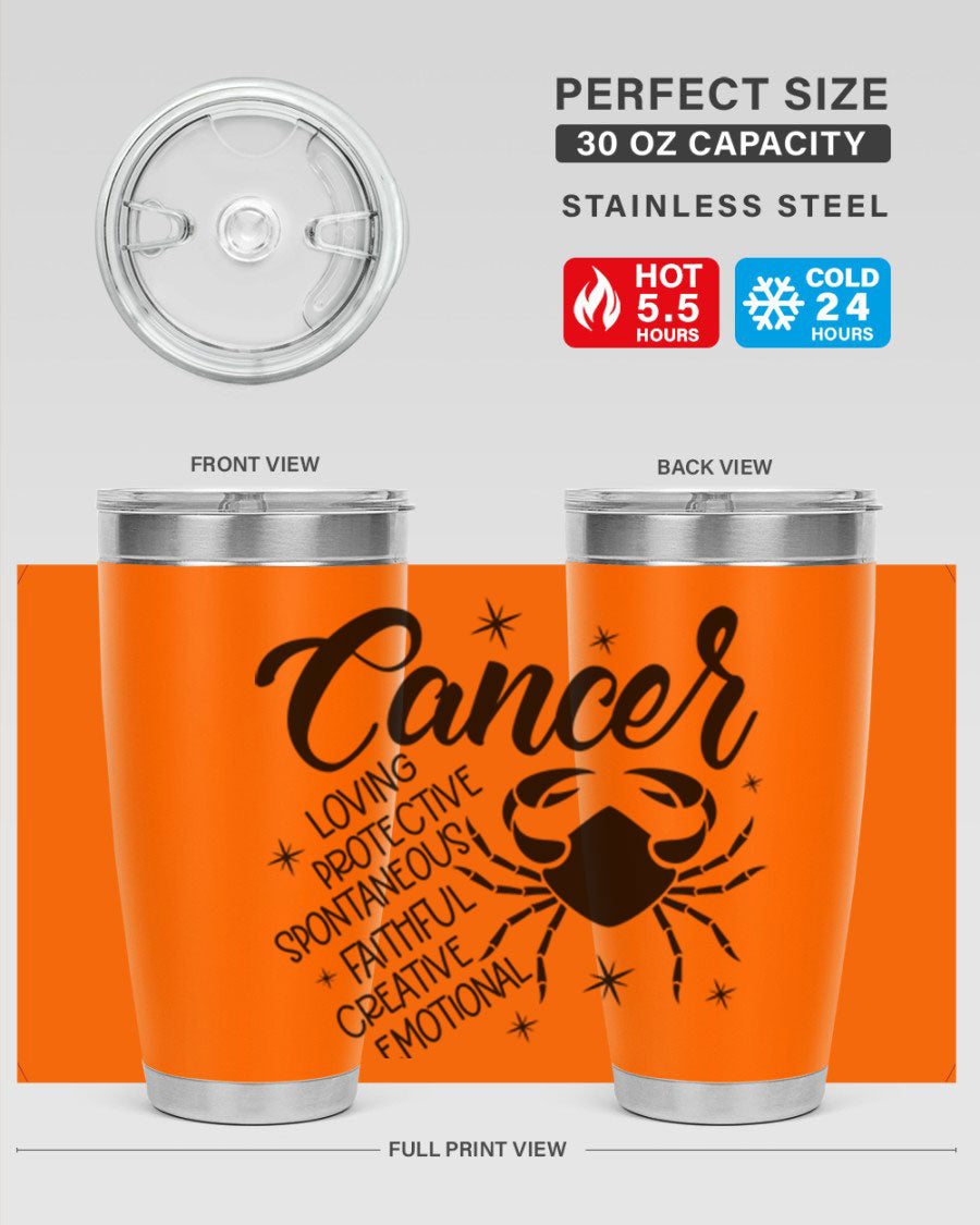 Cancer 151# Zodiac Tumbler in stainless steel with a vibrant design, showcasing its double wall vacuum insulation and drink-thru lid.