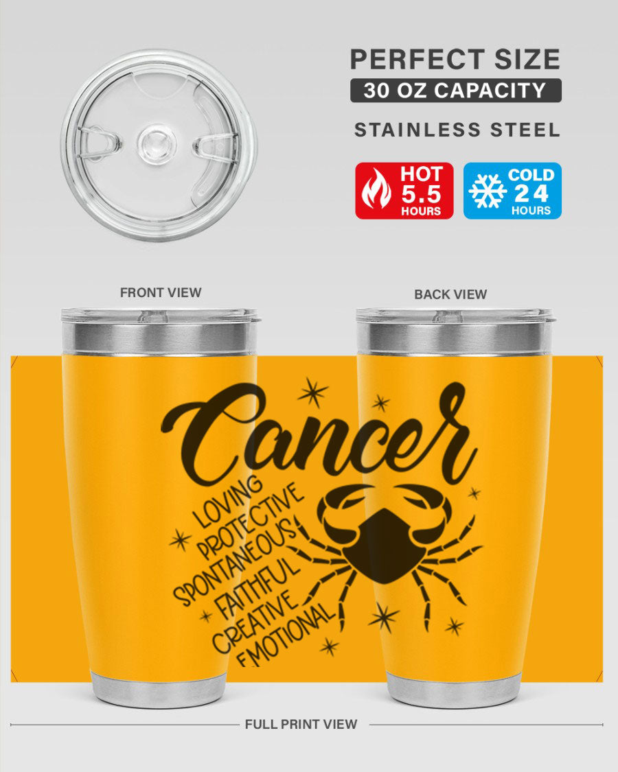 Cancer 151# Zodiac Tumbler in stainless steel with a vibrant design, showcasing its double wall vacuum insulation and drink-thru lid.