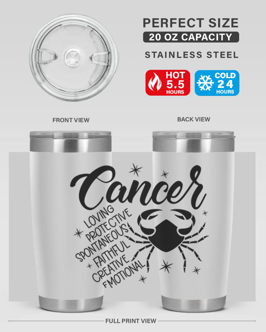 Cancer 151# Zodiac Tumbler in stainless steel with a vibrant design, showcasing its double wall vacuum insulation and drink-thru lid.